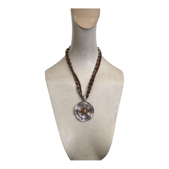 Vintage Premier Designs Eye Tiger Silver Tone Brown Beaded Medallion Necklace - Picture 1 of 10
